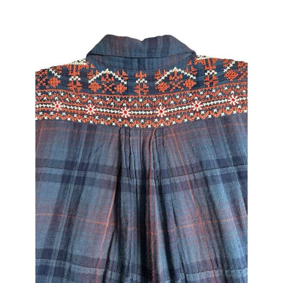 Johnny Was Workshop Navy Plaid Embroidered Floral Painter’s Smock Tunic Top Sz L - Picture 9 of 16